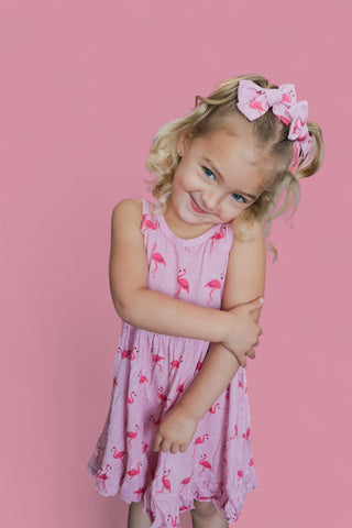 FLOCKING FLAMINGOS SLEEVELESS DREAM RUFFLE DRESS
