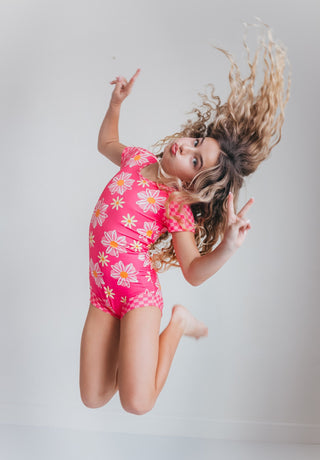 Hot Pink Daisy Check Shortie Leotard