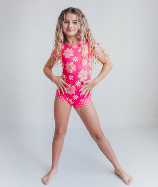 Hot Pink Daisy Check Shortie Leotard