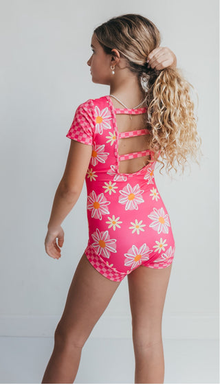 Hot Pink Daisy Check Shortie Leotard