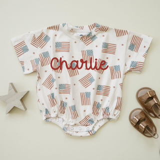 4th of July Flag Print T-Shirt Romper - optional custom embroidery