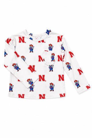 Nebraska White Herbie Husker L/S Ruffle Pocket Tee