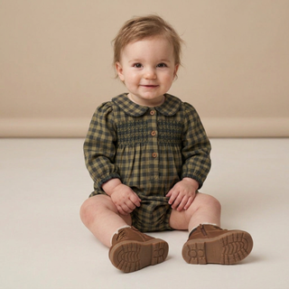Organic Smocked Long Sleeve Bubble Romper - Olive Gingham
