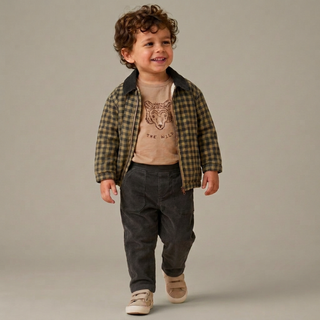 Organic Corduroy Collar Twill Jacket - Olive Gingham