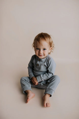 Blissful Blue Baby Ribbed Playsuit with pockets