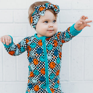 HEADBAND- Blue Check Smile Bamboo Viscose