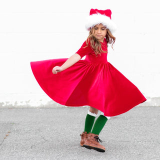 VELVET MID SLEEVE TWIRL- Ruby Red Stretch Velvet Twirl Dress