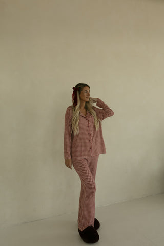 Women's Bamboo Button Up Lounge Set | Red Gingham