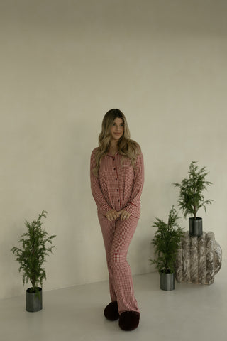 Women's Bamboo Button Up Lounge Set | Red Gingham