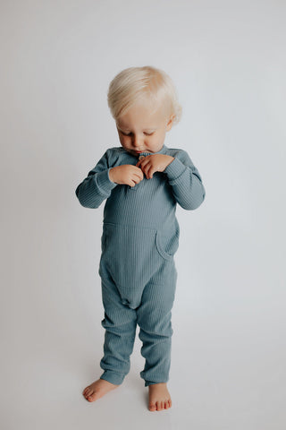 Storm Blue Baby Ribbed Playsuit with pockets