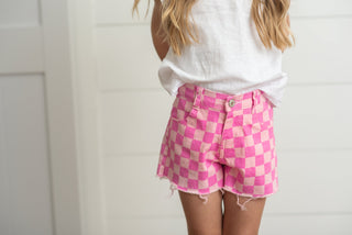 Pink Check Denim Shorts