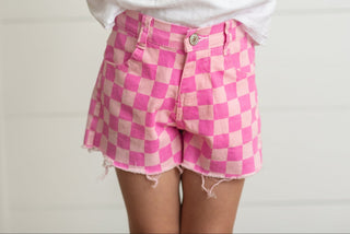 Pink Check Denim Shorts