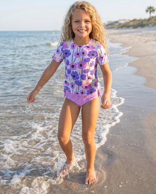 Sophie Mod Pink Purple Ruffles Rash Guard Swimsuit