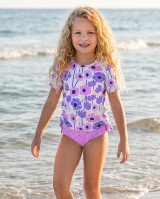 Sophie Mod Pink Purple Ruffles Rash Guard Swimsuit