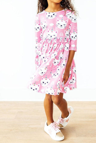 Unicorn Kitties 3/4 Sleeve Pocket Twirl Dress