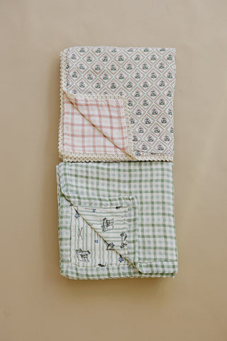 Country Garden Floral + Pink Gingham Lace Muslin Quilt
