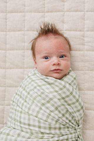 Green Gingham Muslin Swaddle Blanket