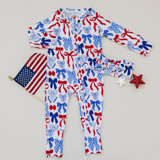 Bamboo Zip Romper  | Red-White & Bows