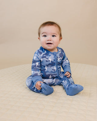 Bamboo Zip Romper | Blue Camo Bolts