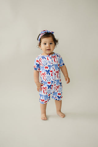 Bamboo Shorty Romper  | Red-White & Bows