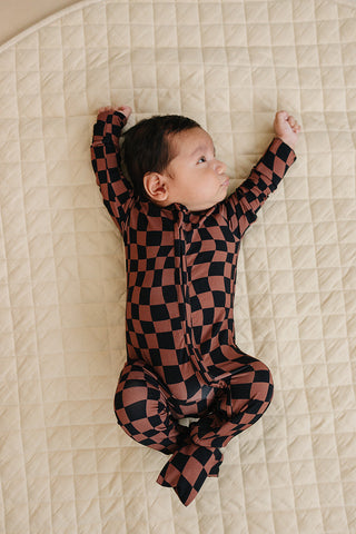 Bamboo Zip Romper | Chocolate Wavy Checkered