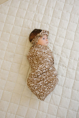 Brown Floral Ribbed Bamboo Stretch Swaddle-