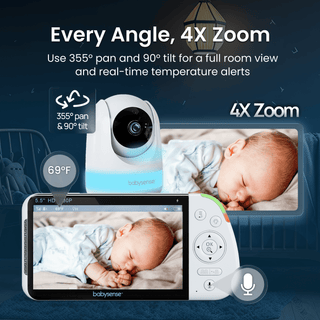 Babysense PRO | Non WiFi Video Baby Monitor with 2 Cameras, Split Screen, Night Light & Sound Machine