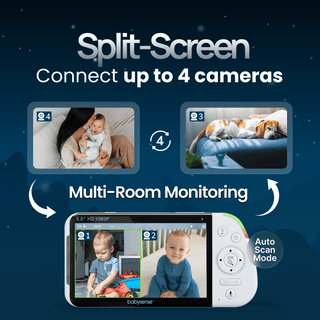 Babysense PRO | Non WiFi Video Baby Monitor with 2 Cameras, Split Screen, Night Light & Sound Machine