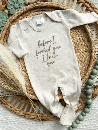 Baby Romper | Before I Formed You - Taupe/Oatmeal script