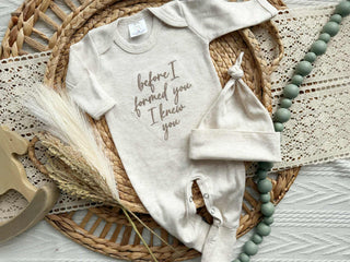 Baby Romper | Before I Formed You - Taupe/Oatmeal script