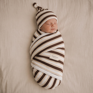 Organic Swaddle Blanket & Hat Set - Cocoa Stripe