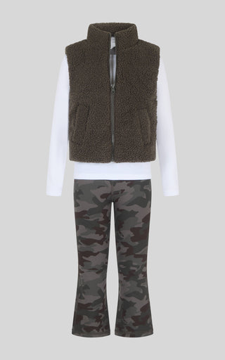Toddler Girls Sherpa Puffer Vest, Top, Flare Pants 3 PCS Set