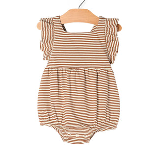 Overall Flutter Romper- Toffee Stripe