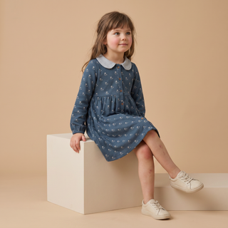 Organic Collared Dress - Indigo Blossom