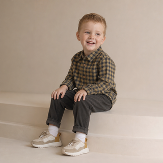 Organic Collared Long Sleeve Shirt - Olive Gingham