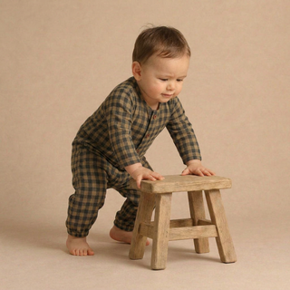 Organic Long Sleeve Button Romper - Olive Gingham