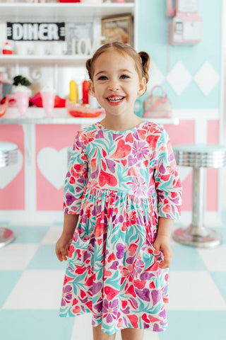 Watercolor Hearts 3/4 Sleeve Pocket Twirl Dress