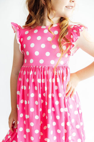 Pink Polka Dots Flutter Sleeve Twirl Dress