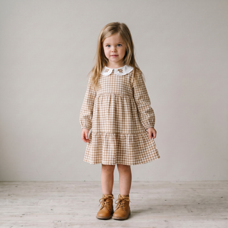 Organic Collar Tiered Dress - Oat Gingham