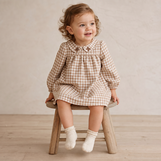 Organic Peter Pan Collar Dress - Oat Gingham