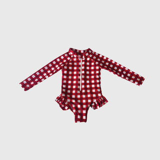 Girl's Long Sleeve Swimsuit | Scarlet Gingham