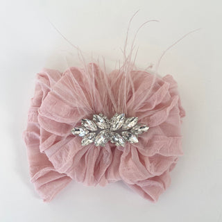 Fancy Feather & Rhinestone Ruffled Baby Headband
