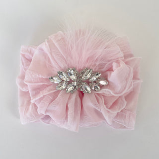Fancy Feather & Rhinestone Ruffled Baby Headband