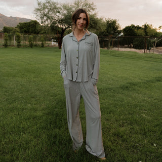 Women's Bamboo Button Up Lounge Set | Forest Stripe Ribbed