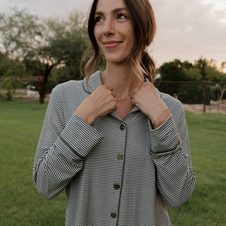 Women's Bamboo Button Up Lounge Set | Forest Stripe Ribbed