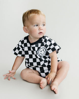 Short Sleeve Bubble Romper | Checkered Smiley Black