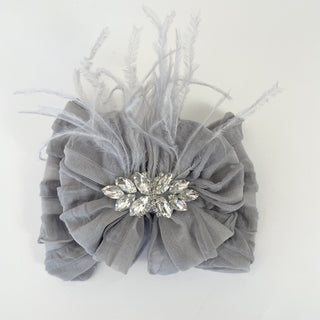 Fancy Feather & Rhinestone Ruffled Baby Headband
