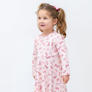 Pink Western Boots Cap Sleeve Swirl Dress