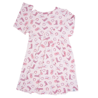 Pink Western Boots Cap Sleeve Swirl Dress
