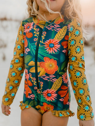 Mustard Tropical Zip Rash Guard Swimsuit